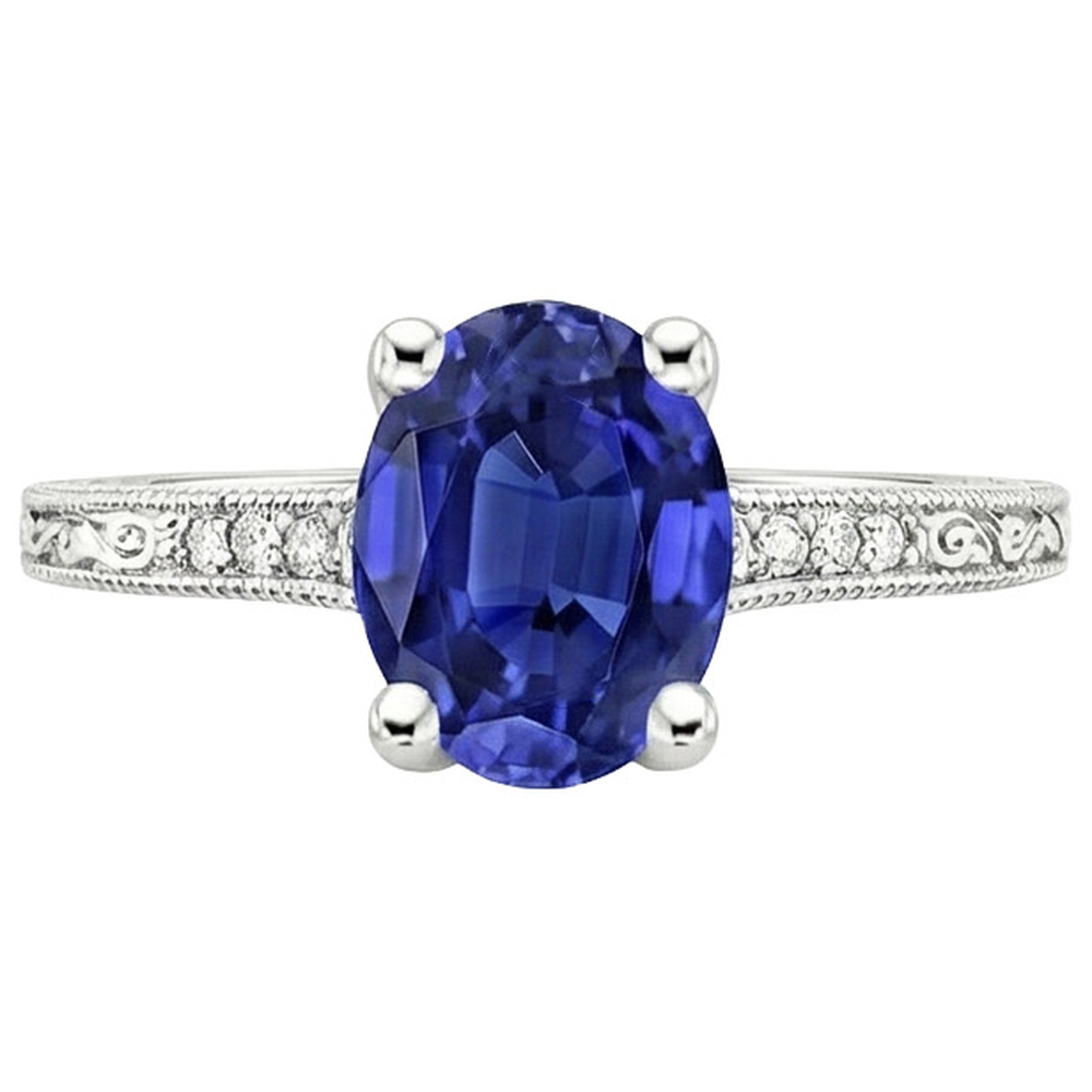 Natural Real ( Not Lab Grown )  Solitaire With Accents Blue Sapphire Ring Milgrain Shank 3 Carats