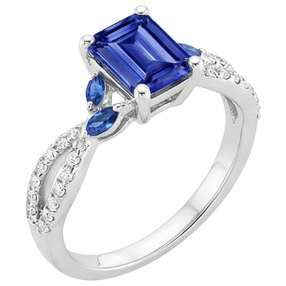 Natural Real ( Not Lab Grown )  Solitaire With Accents Ring Emerald & Marquise Blue Sapphires 4 Carats