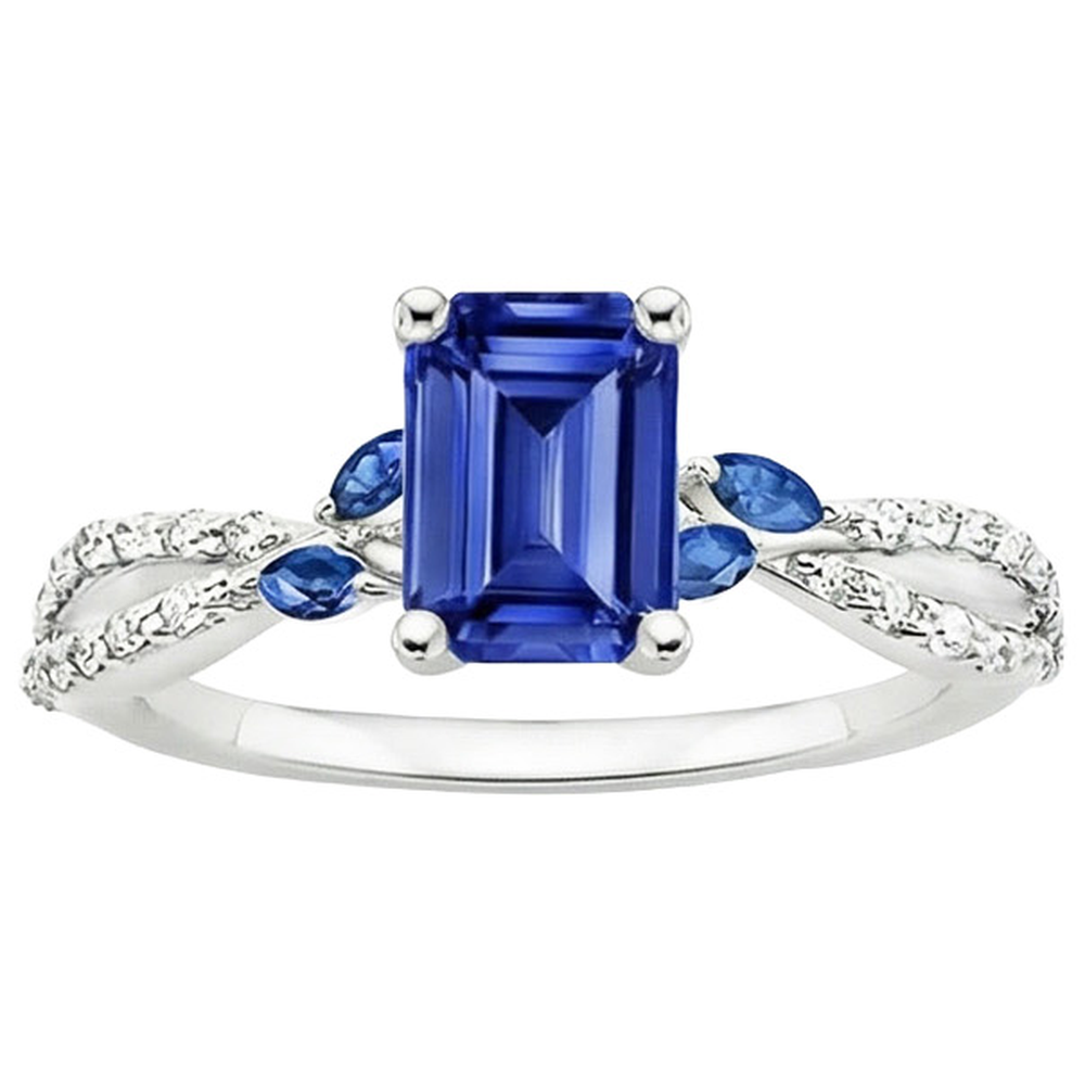 Natural Real ( Not Lab Grown )  Solitaire With Accents Ring Emerald & Marquise Blue Sapphires 4 Carats
