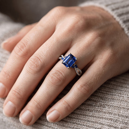 Natural Real ( Not Lab Grown )  Solitaire With Accents Ring Emerald & Marquise Blue Sapphires 4 Carats