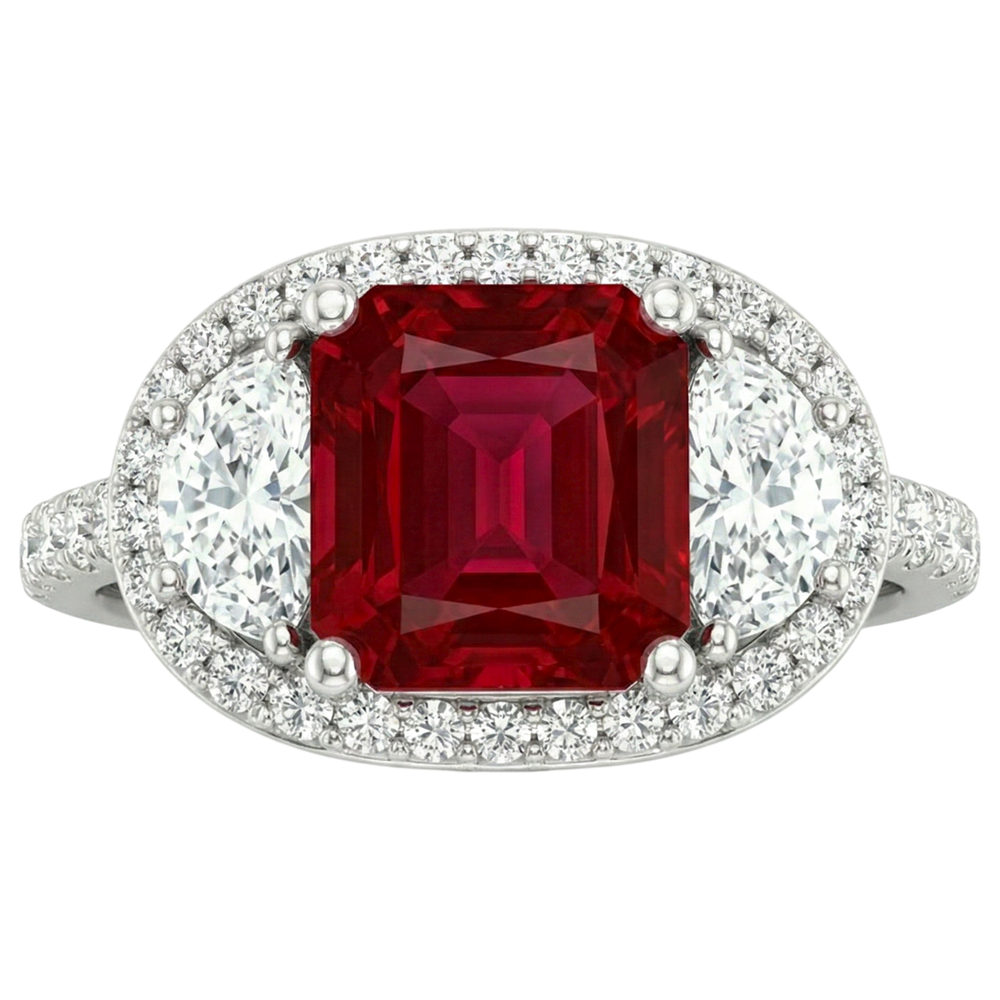 Natural Real ( Not Lab Grown )  Sparkling 3 Carat Princess Red Ruby Three Stone Style Ring WG 14K