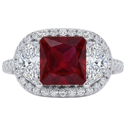 Natural Real ( Not Lab Grown )  Sparkling 3 Carat Princess Red Ruby Three Stone Style Ring WG 14K