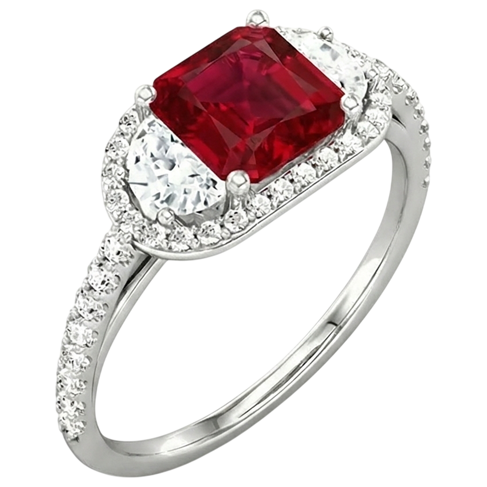Natural Real ( Not Lab Grown )  Sparkling 3 Carat Princess Red Ruby Three Stone Style Ring WG 14K