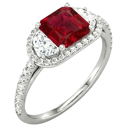 Natural Real ( Not Lab Grown )  Sparkling 3 Carat Princess Red Ruby Three Stone Style Ring WG 14K