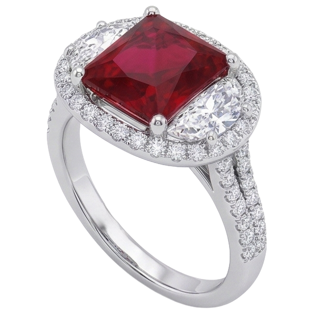 Natural Real ( Not Lab Grown )  Sparkling 3 Carat Princess Red Ruby Three Stone Style Ring WG 14K