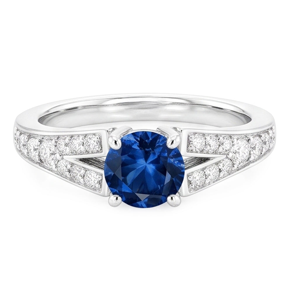 Natural Real ( Not Lab Grown )  Split Shank Round Blue Sapphire Ring White Gold 14K 1.75 Carats