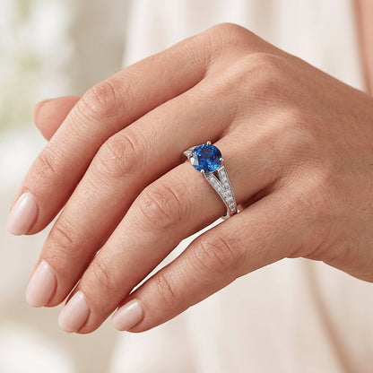 Natural Real ( Not Lab Grown )  Split Shank Round Blue Sapphire Ring White Gold 14K 1.75 Carats