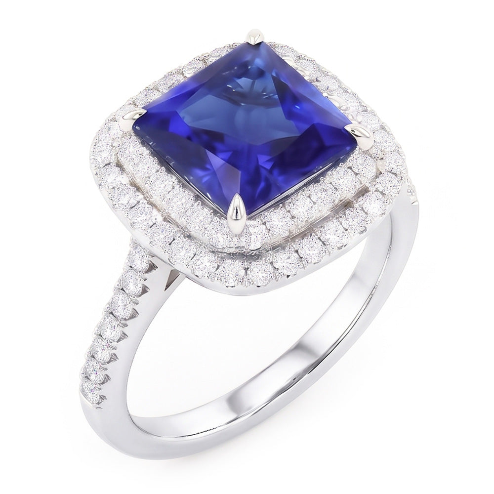 Natural Real ( Not Lab Grown )  Square Cut Double Halo Sri Lankan Sapphire Ring 4.50 Carats White Gold