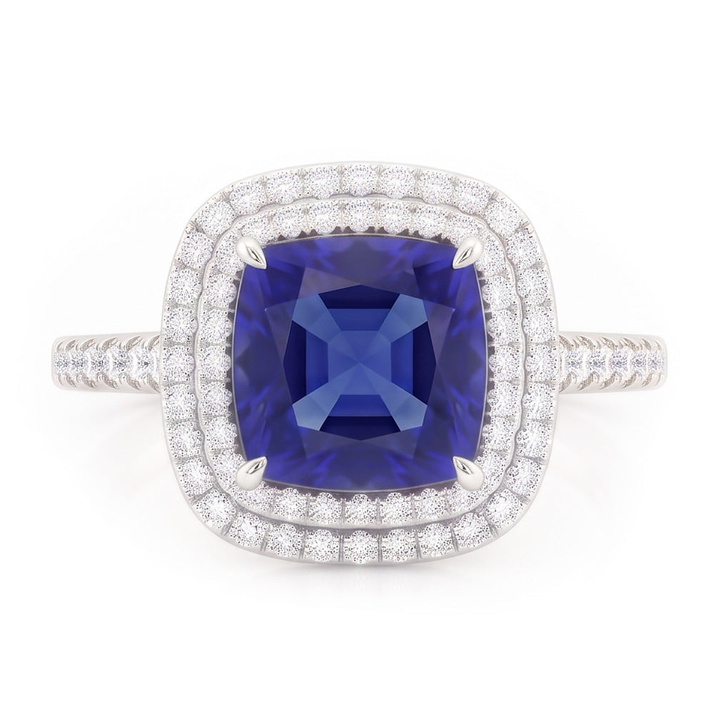 Natural Real ( Not Lab Grown )  Square Cut Double Halo Sri Lankan Sapphire Ring 4.50 Carats White Gold