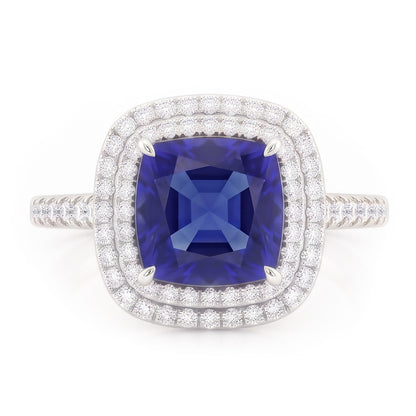 Natural Real ( Not Lab Grown )  Square Cut Double Halo Sri Lankan Sapphire Ring 4.50 Carats White Gold