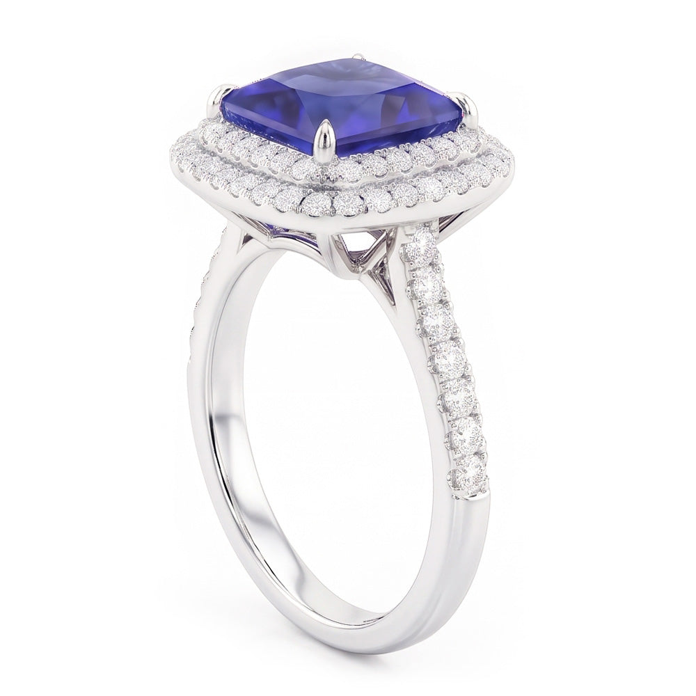 Natural Real ( Not Lab Grown )  Square Cut Double Halo Sri Lankan Sapphire Ring 4.50 Carats White Gold