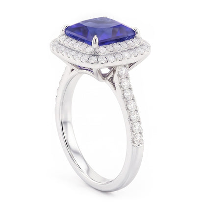 Natural Real ( Not Lab Grown )  Square Cut Double Halo Sri Lankan Sapphire Ring 4.50 Carats White Gold