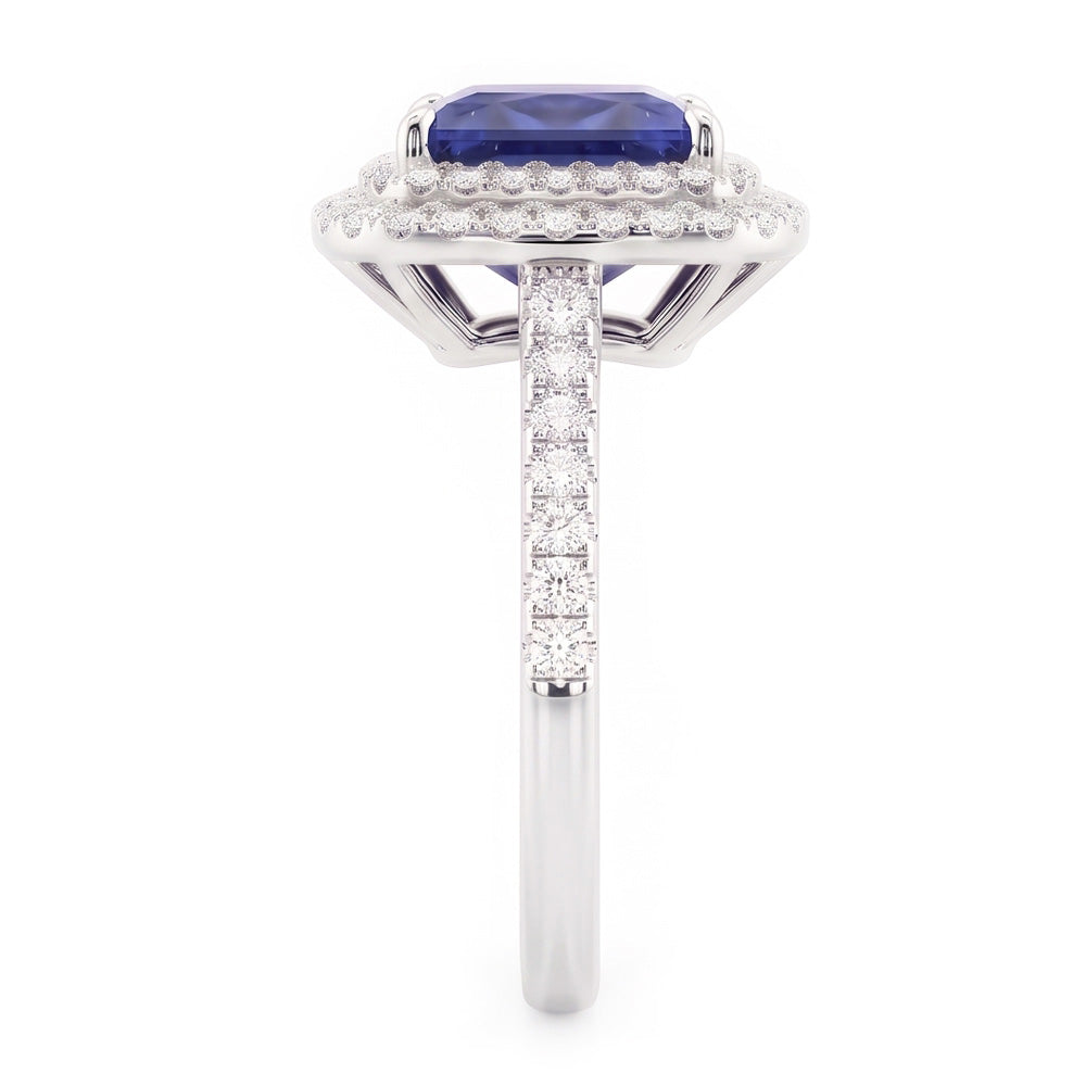Natural Real ( Not Lab Grown )  Square Cut Double Halo Sri Lankan Sapphire Ring 4.50 Carats White Gold