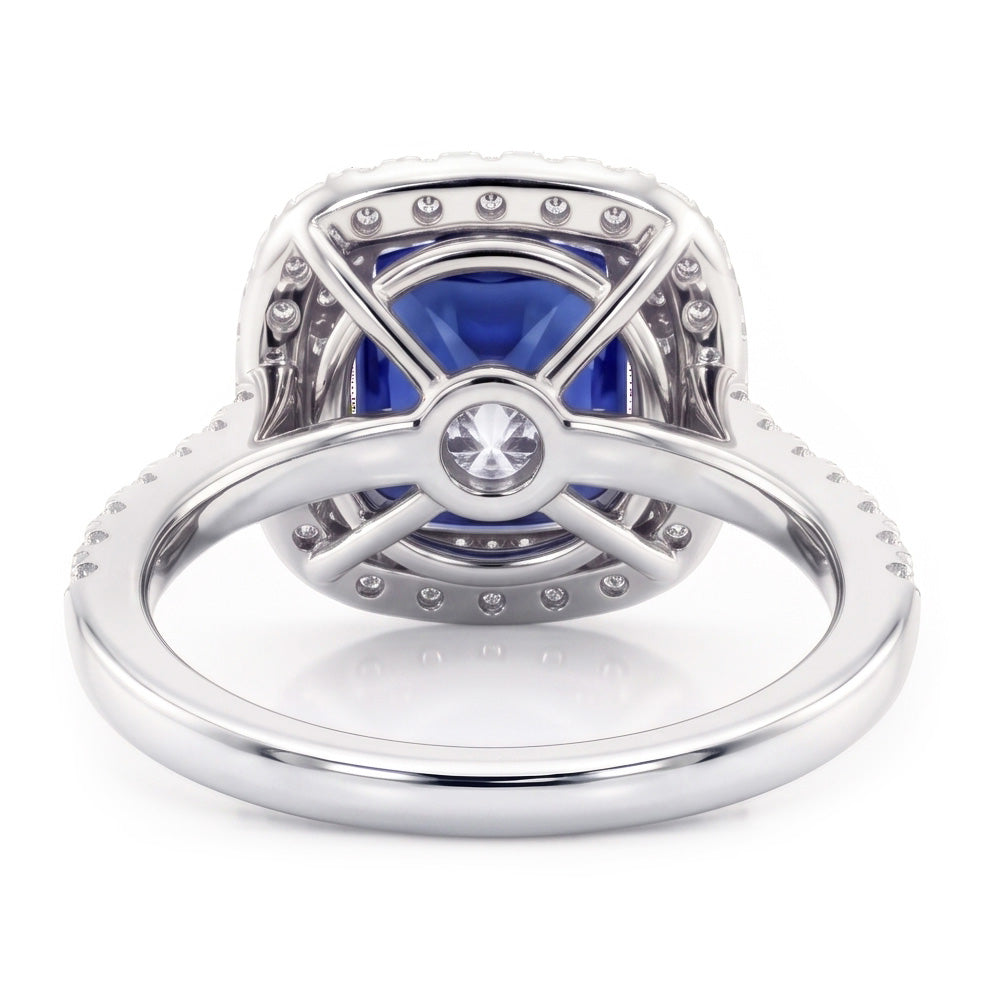 Natural Real ( Not Lab Grown )  Square Cut Double Halo Sri Lankan Sapphire Ring 4.50 Carats White Gold