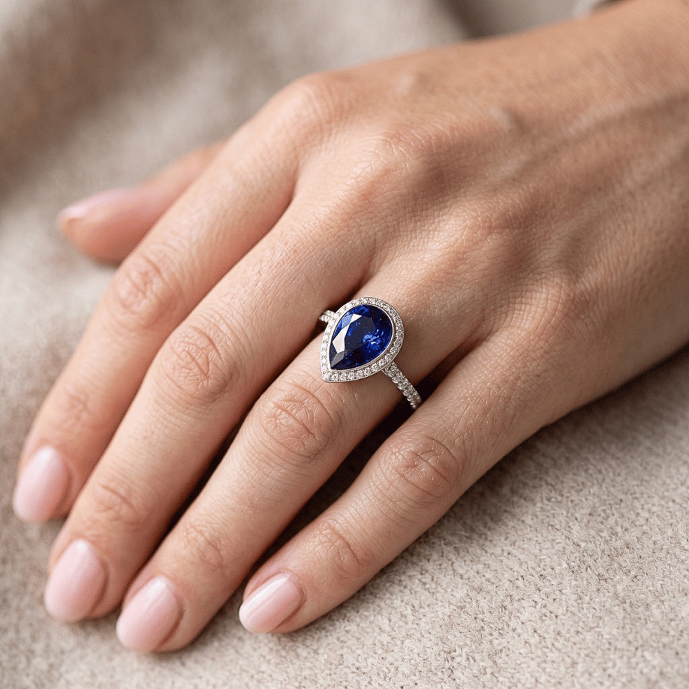 Natural Real ( Not Lab Grown )  Sri Lankan Sapphire Ring 3.50 Ct Diamond Halo Pear Bezel Set