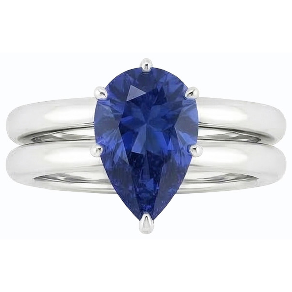 Natural Real ( Not Lab Grown )  Srilanka Sapphire Solitaire Pear Wedding Ring Set 2 Carats
