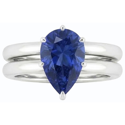 Natural Real ( Not Lab Grown )  Srilanka Sapphire Solitaire Pear Wedding Ring Set 2 Carats