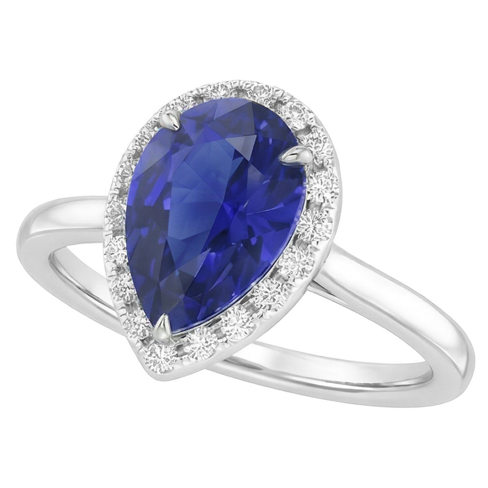 Natural Real ( Not Lab Grown )  Teardrop Blue Sapphire Ring 2 Ct Pear Cut Halo Diamond
