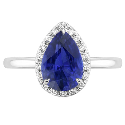 Natural Real ( Not Lab Grown )  Teardrop Blue Sapphire Ring 2 Ct Pear Cut Halo Diamond