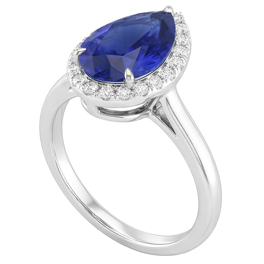 Natural Real ( Not Lab Grown )  Teardrop Blue Sapphire Ring 2 Ct Pear Cut Halo Diamond