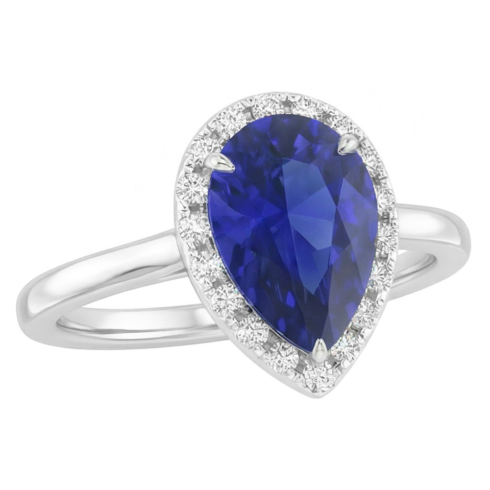 Natural Real ( Not Lab Grown )  Teardrop Blue Sapphire Ring 2 Ct Pear Cut Halo Diamond