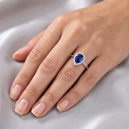 Natural Real ( Not Lab Grown )  Teardrop Blue Sapphire Ring 2 Ct Pear Cut Halo Diamond