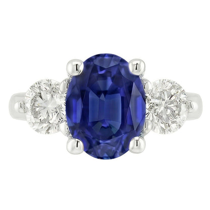 Natural Real ( Not Lab Grown )  Three Stone Anniversary Ring Oval Deep Blue Sapphire 3.50 Carats
