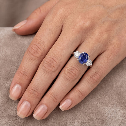 Natural Real ( Not Lab Grown )  Three Stone Anniversary Ring Oval Deep Blue Sapphire 3.50 Carats