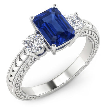 Natural Real ( Not Lab Grown )  Three Stone Antique Style Emerald Sri Lankan Sapphire Ring 1.75 Carats