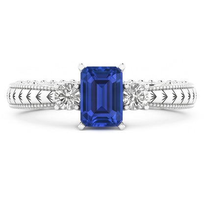 Natural Real ( Not Lab Grown )  Three Stone Antique Style Emerald Sri Lankan Sapphire Ring 1.75 Carats