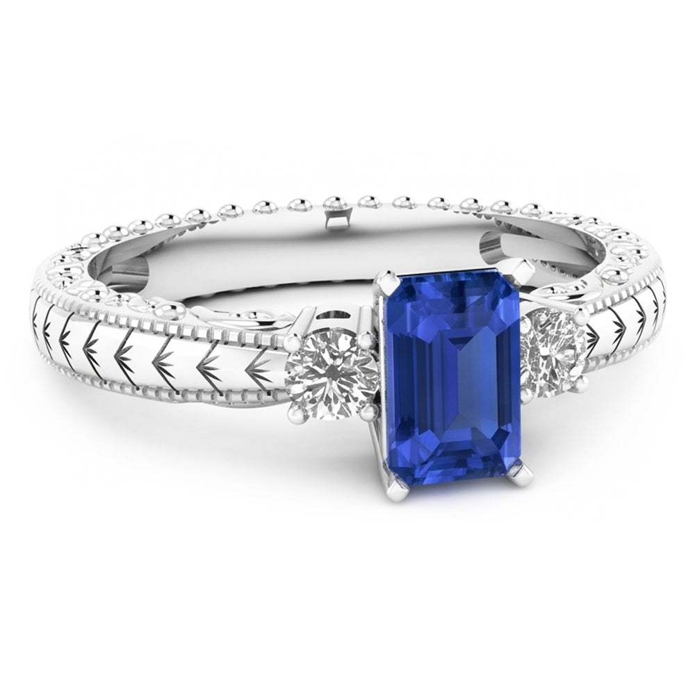 Natural Real ( Not Lab Grown )  Three Stone Antique Style Emerald Sri Lankan Sapphire Ring 1.75 Carats