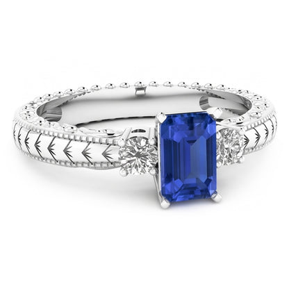 Natural Real ( Not Lab Grown )  Three Stone Antique Style Emerald Sri Lankan Sapphire Ring 1.75 Carats