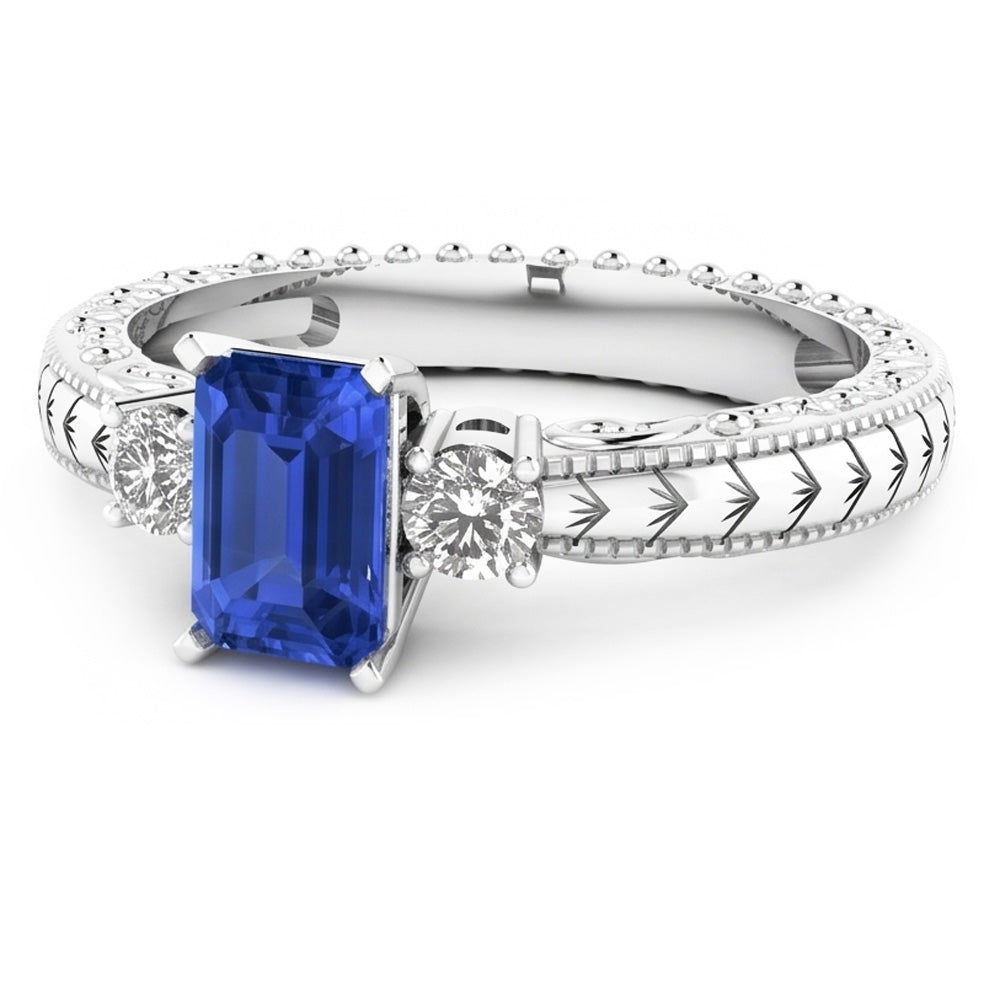 Natural Real ( Not Lab Grown )  Three Stone Antique Style Emerald Sri Lankan Sapphire Ring 1.75 Carats