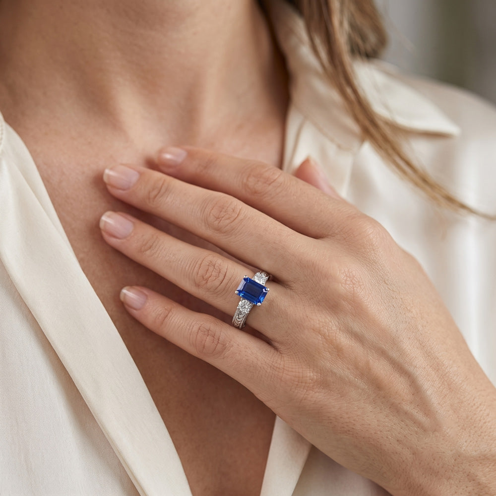 Natural Real ( Not Lab Grown )  Three Stone Antique Style Emerald Sri Lankan Sapphire Ring 1.75 Carats