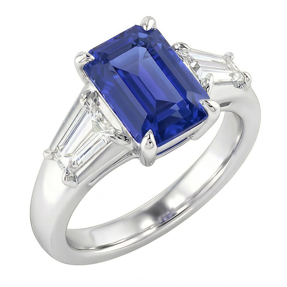 Natural Real ( Not Lab Grown )  Three Stone Emerald Blue Sapphire Engagement Ring Gold 14K