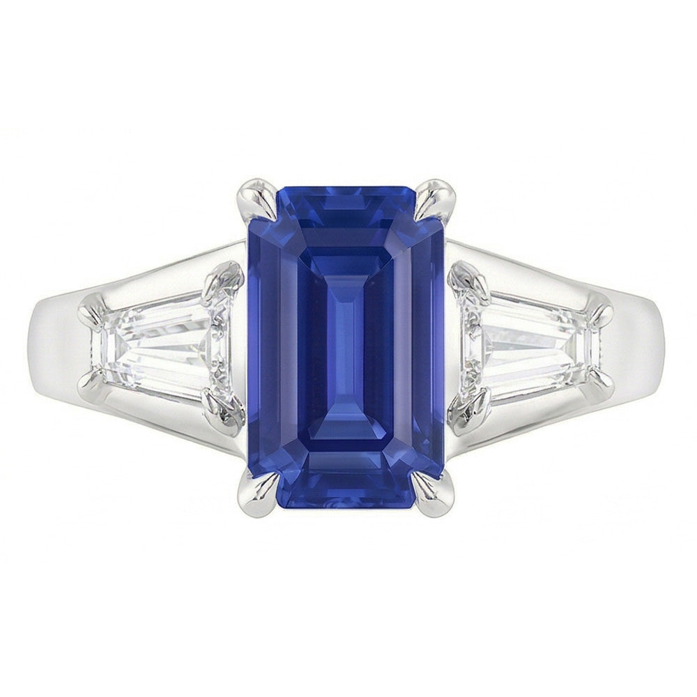 Natural Real ( Not Lab Grown )  Three Stone Emerald Blue Sapphire Engagement Ring Gold 14K