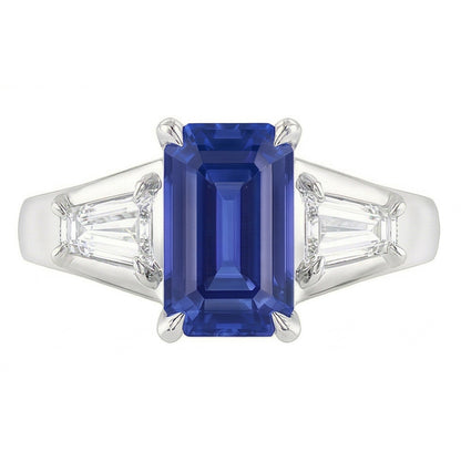 Natural Real ( Not Lab Grown )  Three Stone Emerald Blue Sapphire Engagement Ring Gold 14K