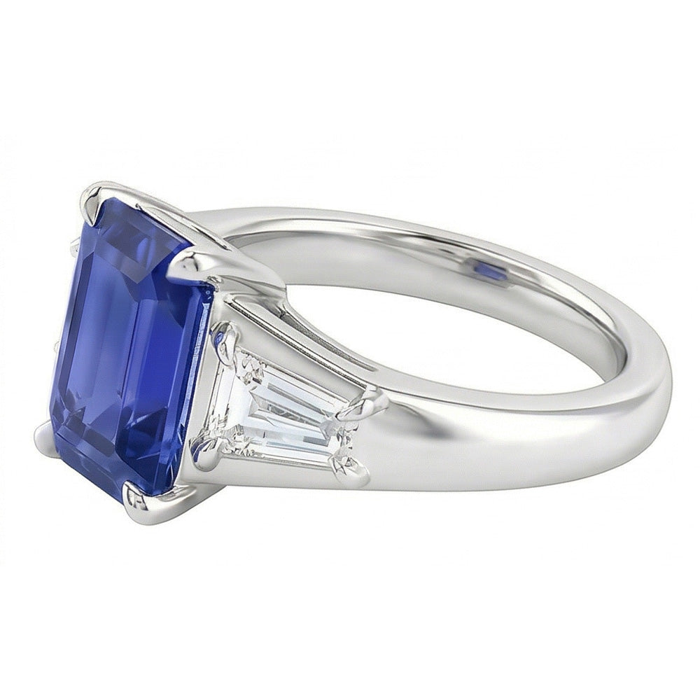 Natural Real ( Not Lab Grown )  Three Stone Emerald Blue Sapphire Engagement Ring Gold 14K