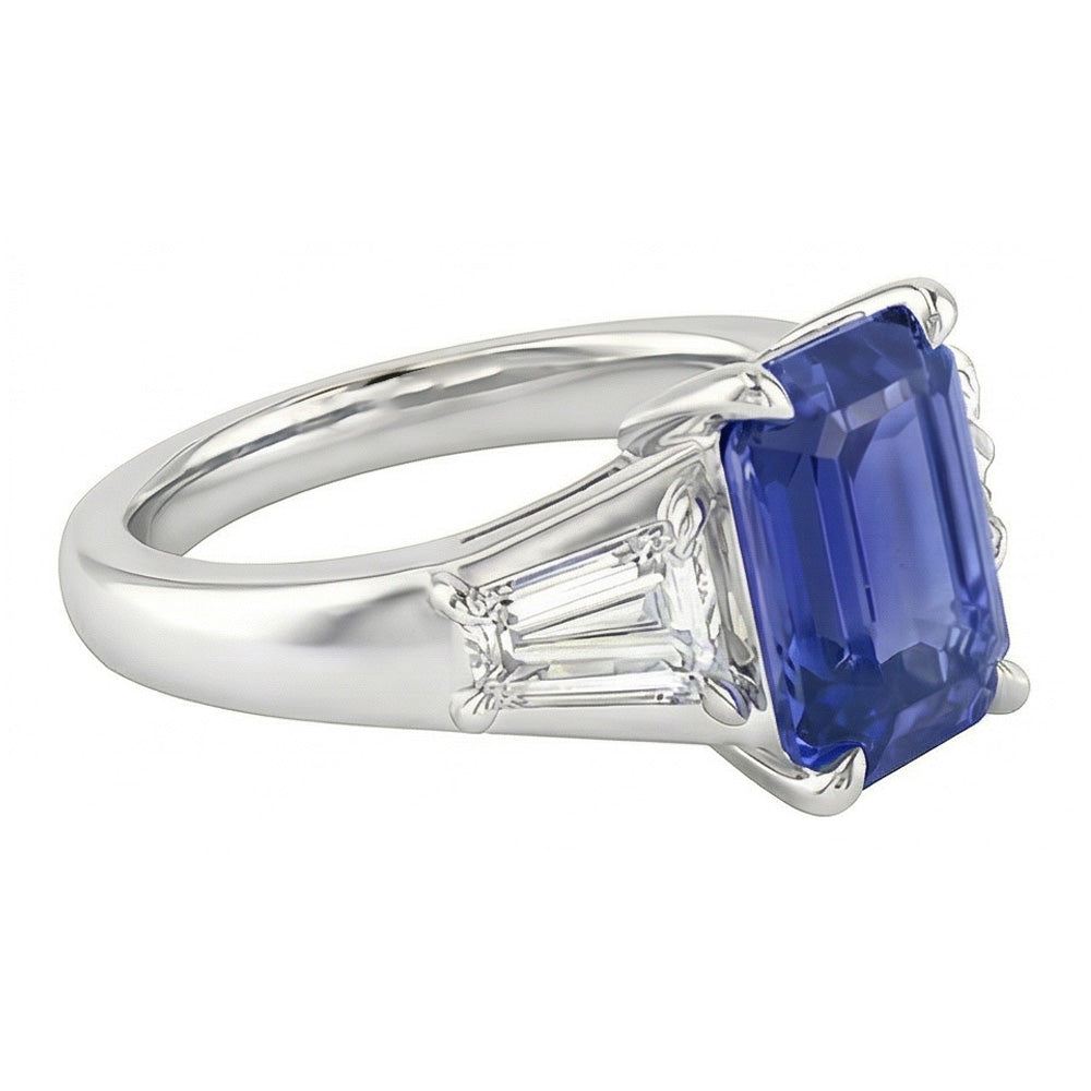 Natural Real ( Not Lab Grown )  Three Stone Emerald Blue Sapphire Engagement Ring Gold 14K