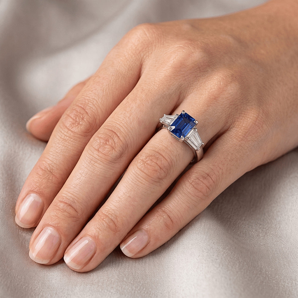 Natural Real ( Not Lab Grown )  Three Stone Emerald Blue Sapphire Engagement Ring Gold 14K