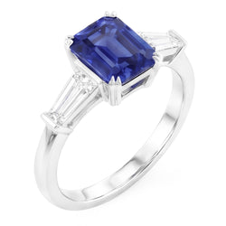 Natural Real ( Not Lab Grown )  Three Stone Ring Emerald Shaped Srilanka Sapphire 2 Carats