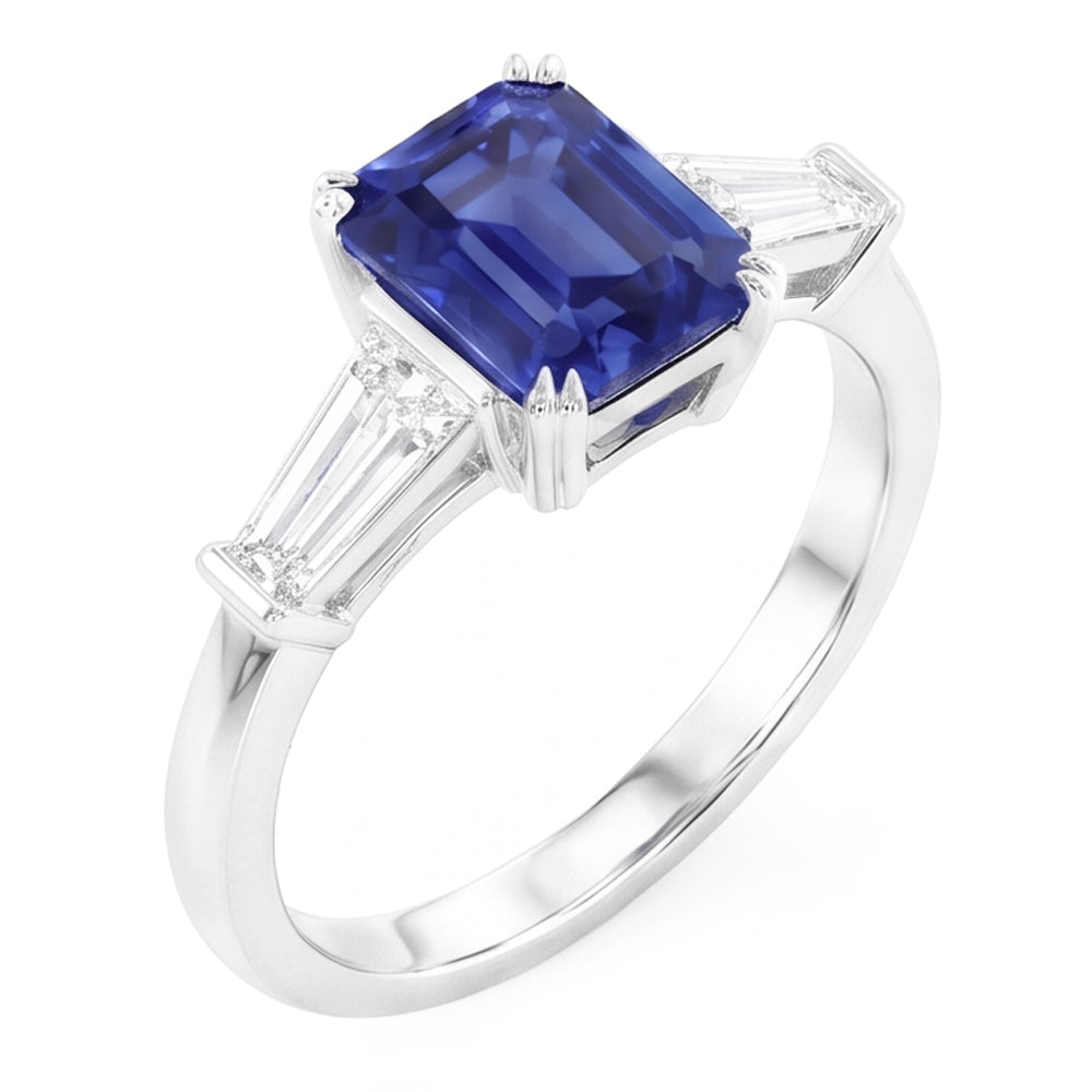 Natural Real ( Not Lab Grown )  Three Stone Ring Emerald Shaped Srilanka Sapphire 2 Carats