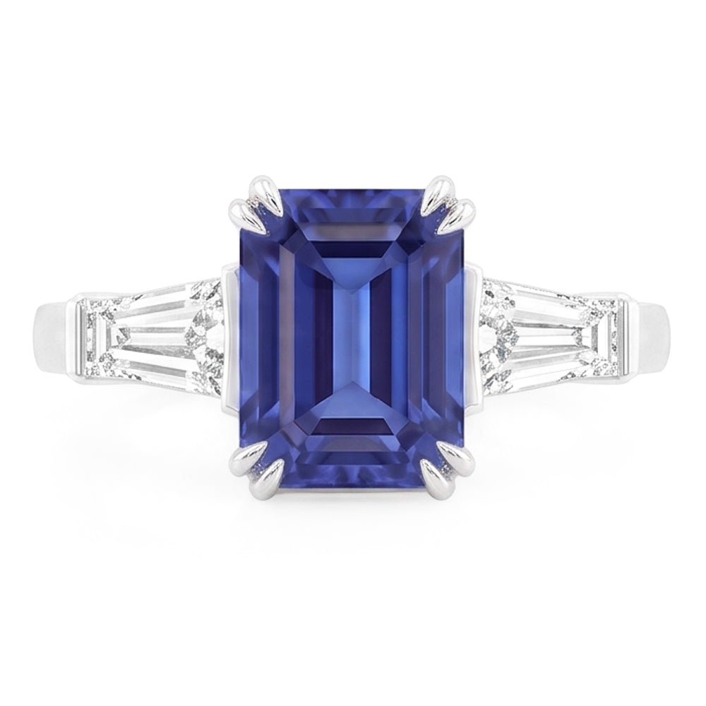 Natural Real ( Not Lab Grown )  Three Stone Ring Emerald Shaped Srilanka Sapphire 2 Carats