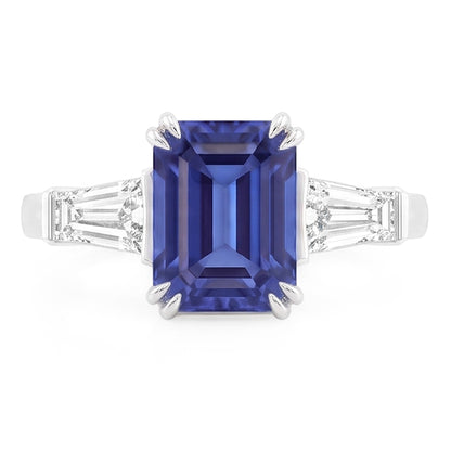 Natural Real ( Not Lab Grown )  Three Stone Ring Emerald Shaped Srilanka Sapphire 2 Carats