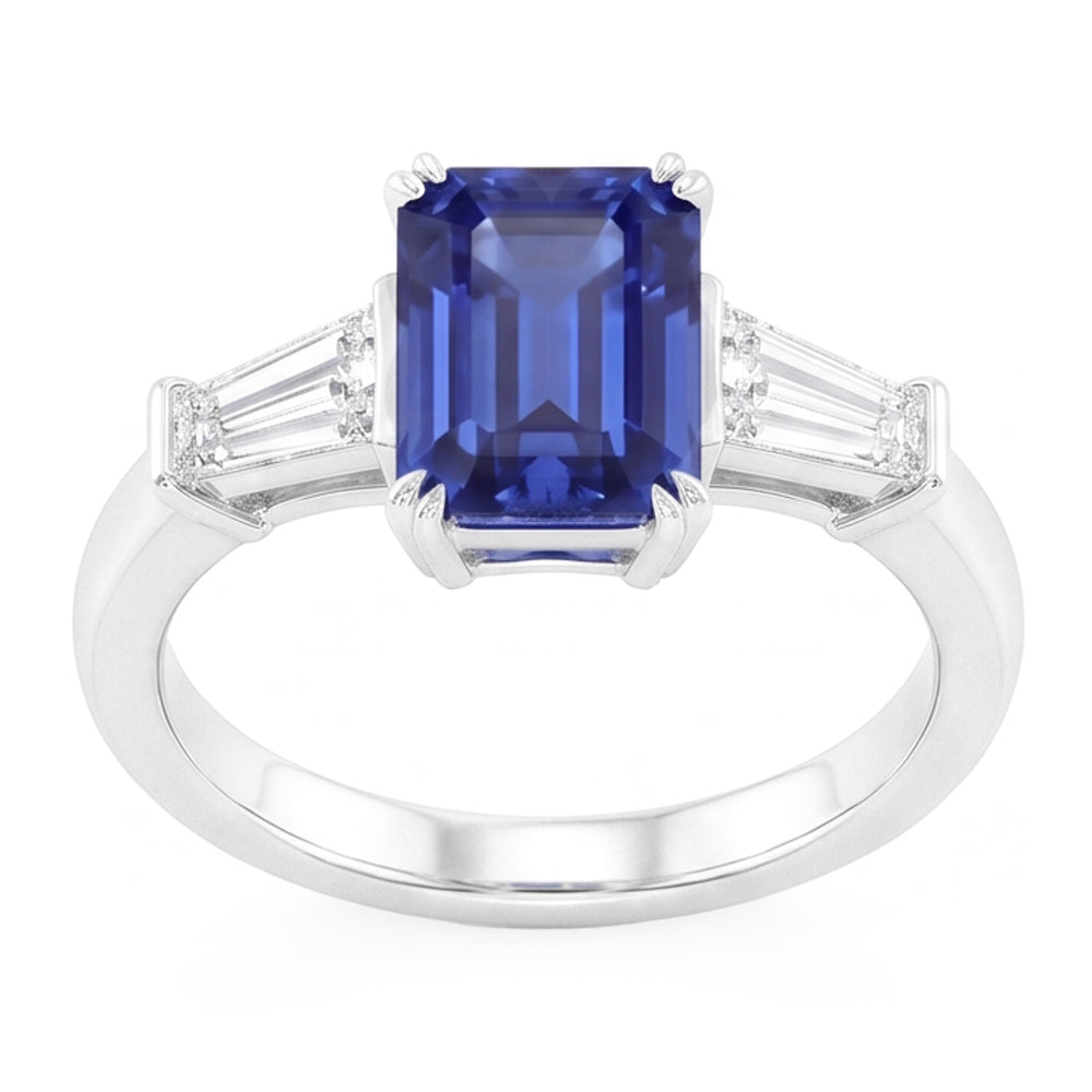 Natural Real ( Not Lab Grown )  Three Stone Ring Emerald Shaped Srilanka Sapphire 2 Carats