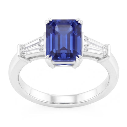 Natural Real ( Not Lab Grown )  Three Stone Ring Emerald Shaped Srilanka Sapphire 2 Carats