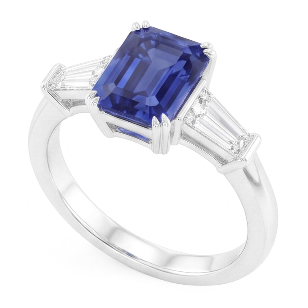 Natural Real ( Not Lab Grown )  Three Stone Ring Emerald Shaped Srilanka Sapphire 2 Carats