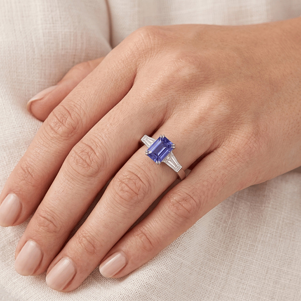 Natural Real ( Not Lab Grown )  Three Stone Ring Emerald Shaped Srilanka Sapphire 2 Carats