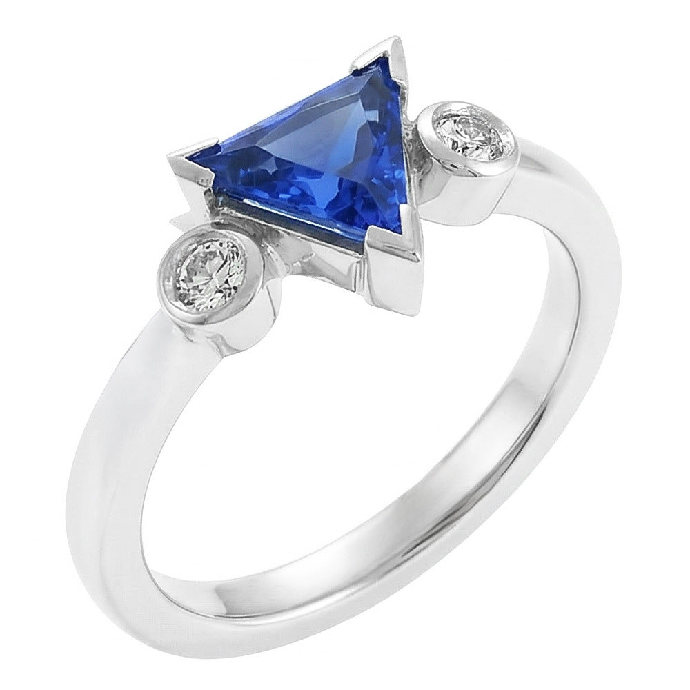 Natural Real ( Not Lab Grown )  Three Stone Ring Trillion V Prong Ceylon Sapphire 1.25 Carats Gold