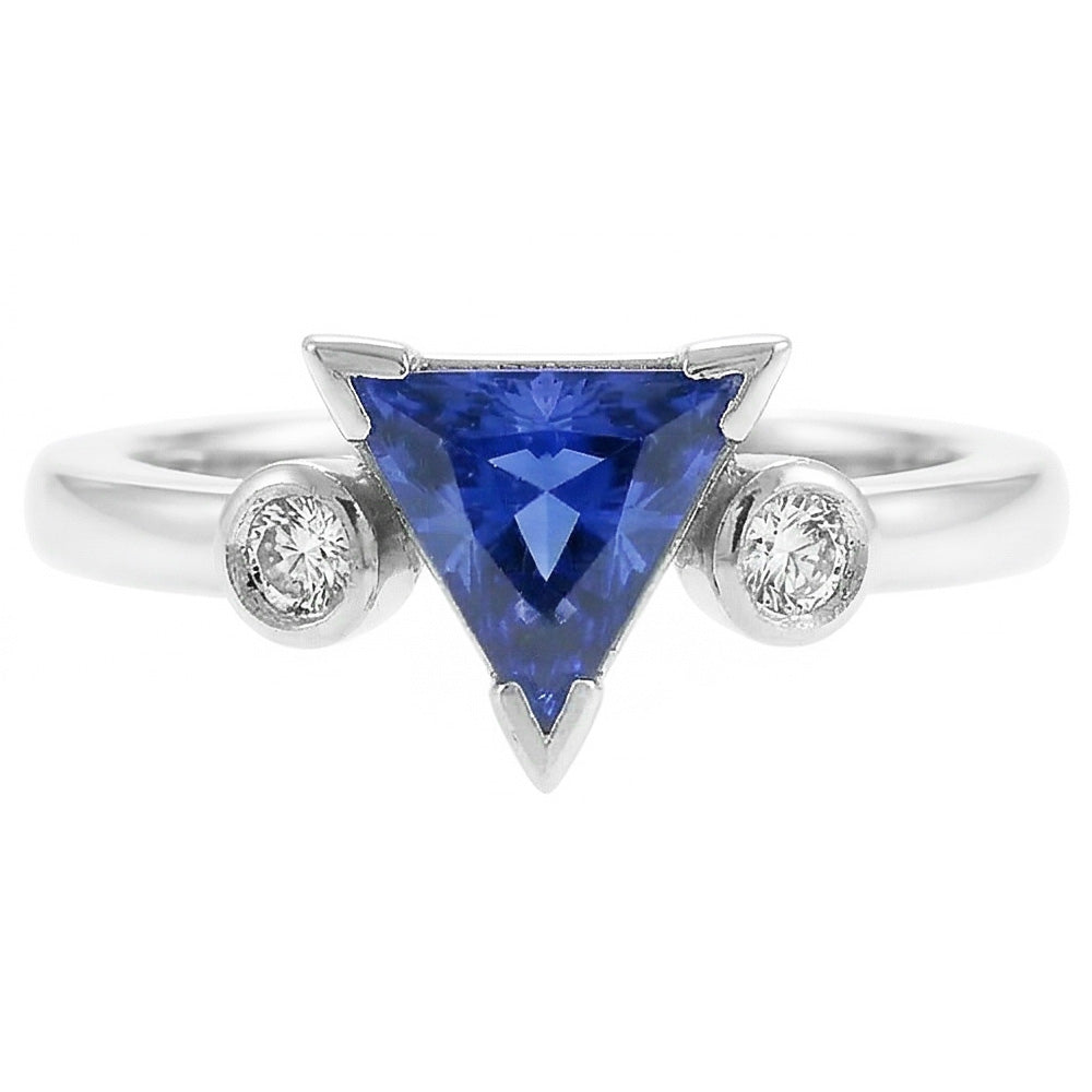 Natural Real ( Not Lab Grown )  Three Stone Ring Trillion V Prong Ceylon Sapphire 1.25 Carats Gold